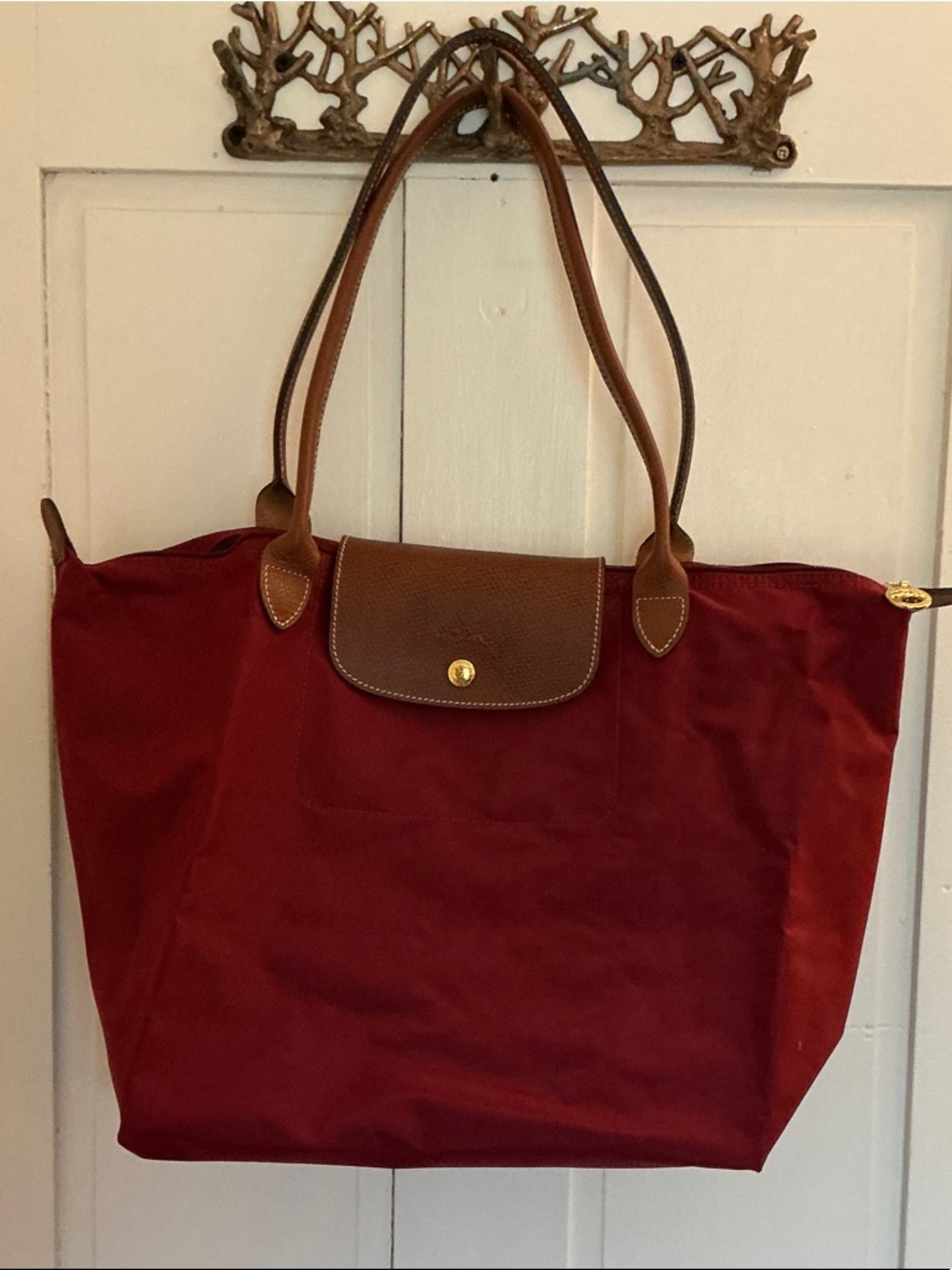 Longchamp Le Pliage Original Large Burgundy Tote with Brown Leather Trim